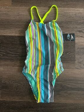 (9) NWT Speedo Girls' Neon Yellow Strappy One-Piece with Multicolor Stripes